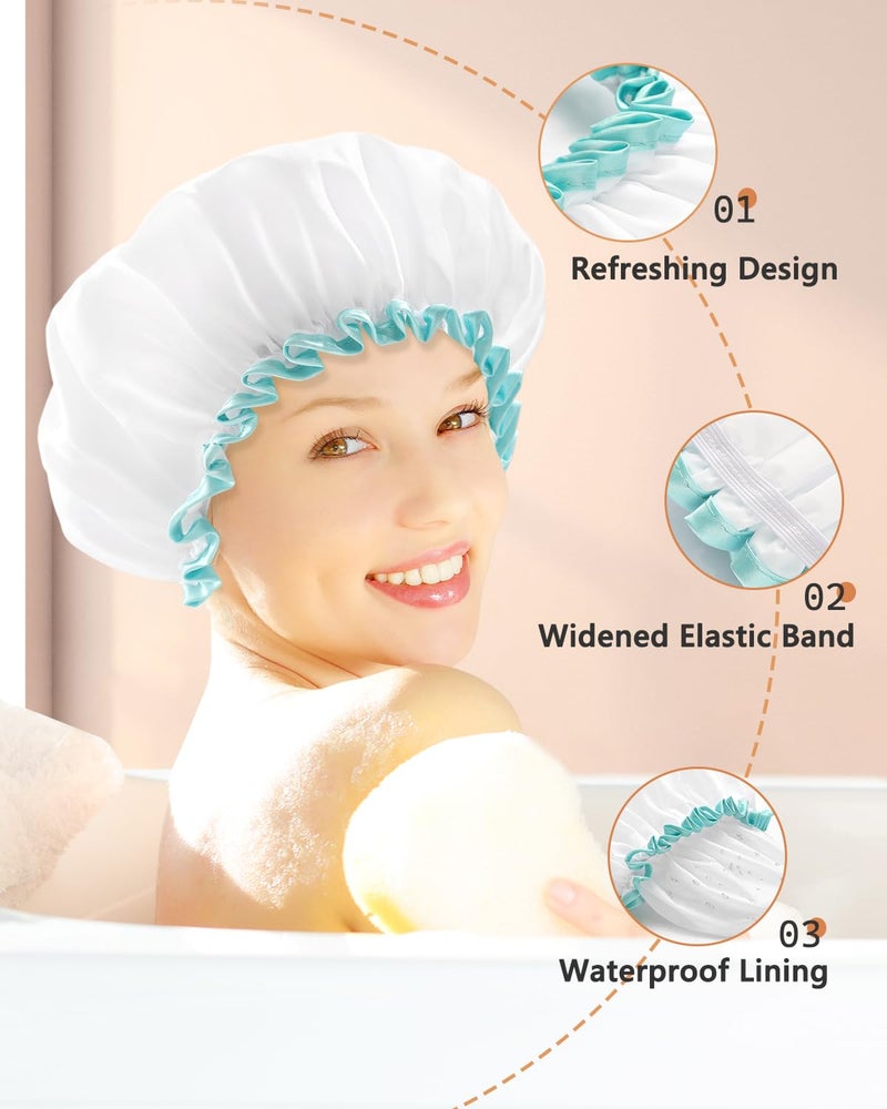 mikimini White Shower Cap for Long Hair 1 Pack, 12 inch large size,Waterproof Washable Hair Caps for Women and Girls, Super Cute and Extra Large - Image 4